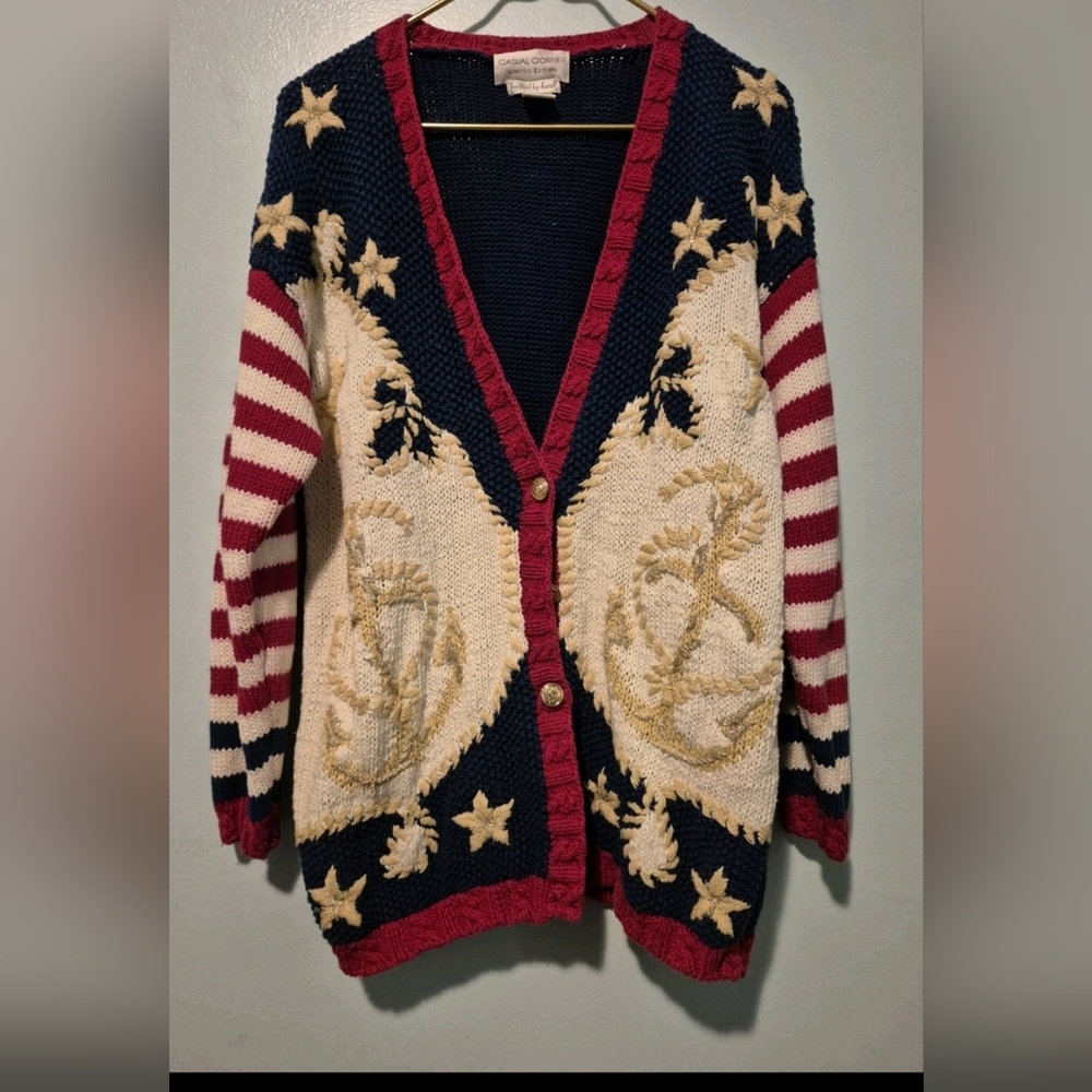 VTG Casual Corner Hand Knit July 4 Sailor Button Cardigan Nautical Coastal Sz S